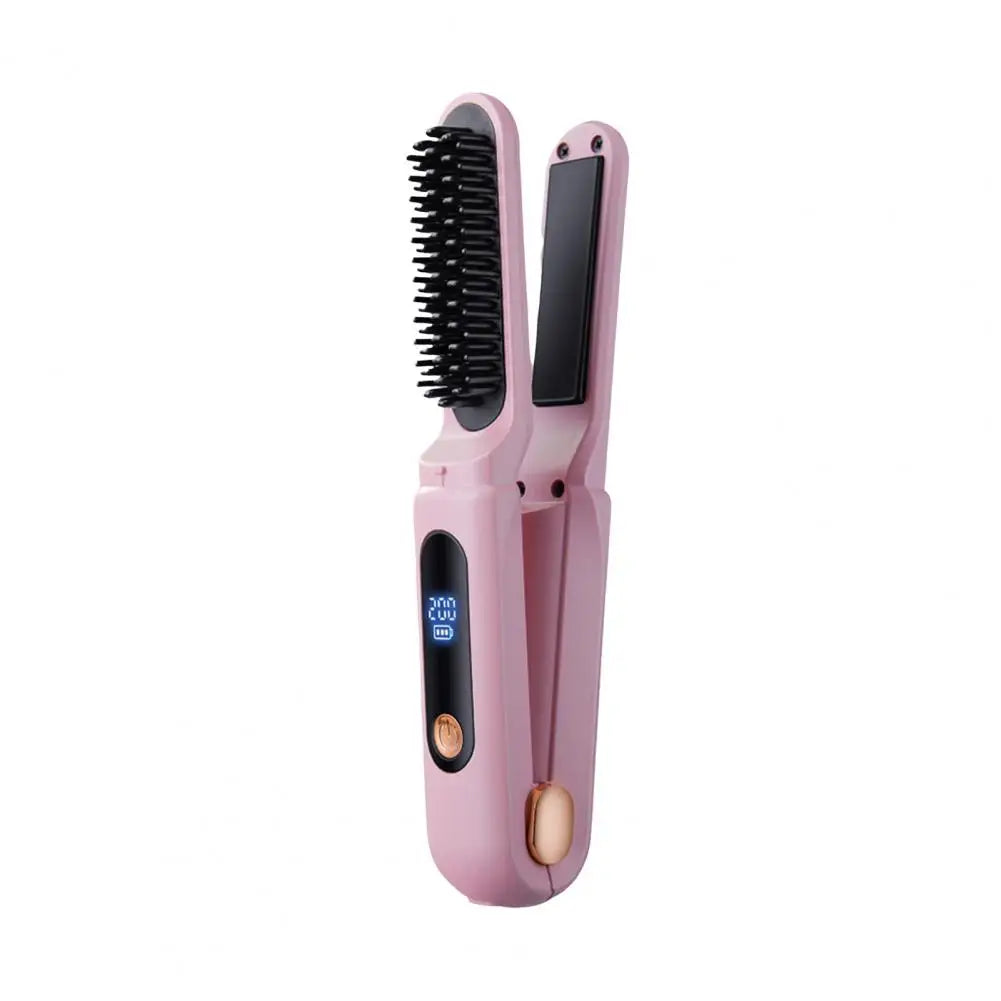 Brosse lissante électrique portable pour cheveux rebelles - Rose