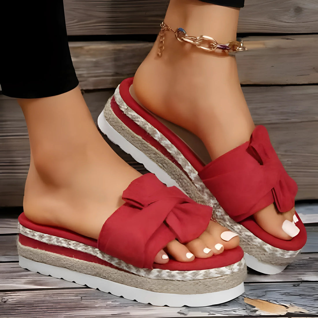 Sandales rouges à plateforme avec un nœud et des semelles rayées de type espadrille.