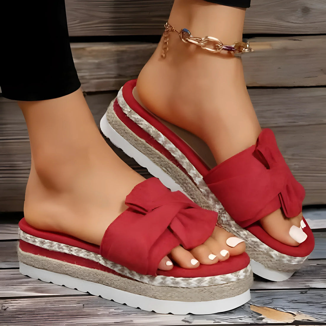 Sandales rouges à plateforme avec un nœud et des semelles rayées de type espadrille.